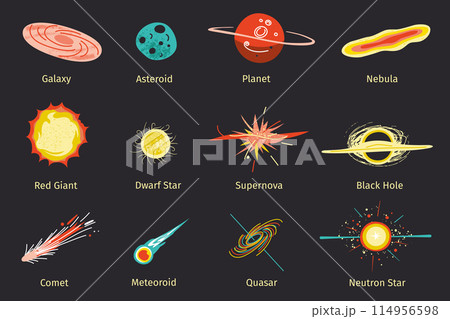 Cosmic objects and phenomena collection, stars and planets icons, vector illustrations of red giant, yellow dwarf, comet, pulsar and quasar, astronomy for children, supernova explosion, nebula doodle 114956598