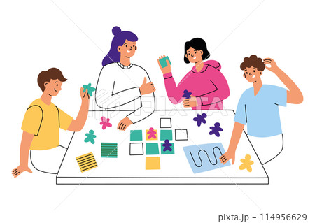 Family playing strategy board game, adults and children having fun together. Hand drawn composition with table game. Leisure activity and hobby for friends. Vector illustration of strategy game Family playing strategy board game, adults and children having fun together. Hand drawn composition with table game. Leisure activity and hobby for friends. Vector illustration of strategy game 114956629