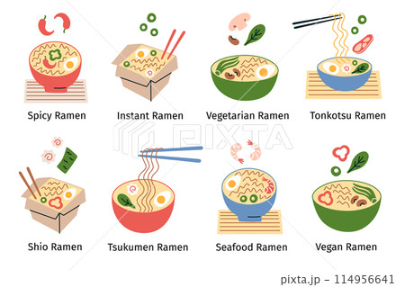 Vector illustration set of ramen bowls and takeout boxes with Chinese and Japanese noodles, vegetarian and seafood. Types of broths like tsukumen, shio, tonkotsu, noodle soup ingredients, bamboo mats 114956641