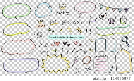 マーカーペンの吹き出しと装飾あしらい、シンプルでおしゃれな手描きのイラスト マーカーペンの吹き出しと装飾あしらい、シンプルでおしゃれな手描きのイラスト 114956977