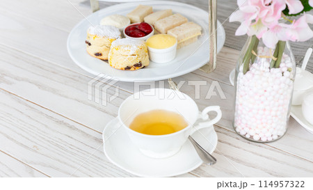 Afternoon tea stand with sweet treats, Afternoon tea set with dessert, High tea set with dessert. 114957322