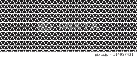 Perforated or corrugated surface with triangular holes. Repeating black triangles on white background. Pegboard, radiator or speaker grid texture. Abstract mosaic pattern. Vector graphic illustration 114957431