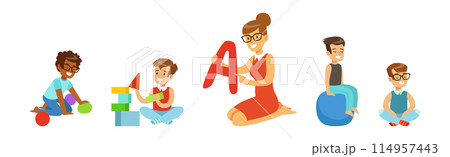 Happy Children Sit on the Floor Playing in the Nursery Vector Set Happy Children Sit on the Floor Playing in the Nursery Vector Set 114957443