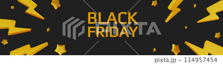 Black Friday super sale. Promo background with realistic 3d cartoon style elements, black gift, percent symbols, stars, percent symbols. Promotion banner, web poster. vector illustration Black Friday super sale. Promo background with realistic 3d cartoon style elements, black gift, percent symbols, stars, percent symbols. Promotion banner, web poster. vector illustration 114957454