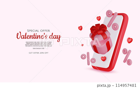 Valentine s day design. Realistic gifts boxes. Open gift box full of decorative festive object. Holiday banner, web poster, flyer, stylish brochure, greeting card, cover. Romantic background 114957481