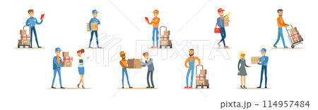 Man Character Delivery Service Worker Bring Freight Vector Set 114957484