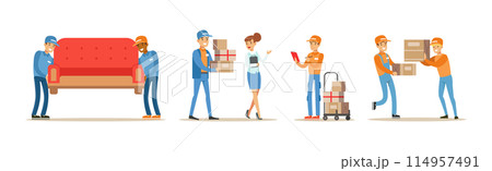 Man Character Delivery Service Worker Bring Freight Vector Set 114957491