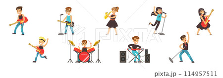 Happy Kid Rock Musician Play Instrument and Sing on Stage Vector Set Happy Kid Rock Musician Play Instrument and Sing on Stage Vector Set 114957511