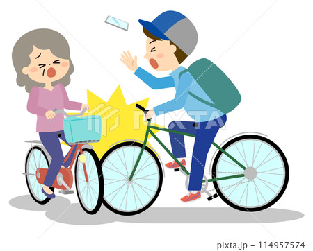 シニア女性と男性の自転車衝突の事故 シニア女性と男性の自転車衝突の事故 114957574