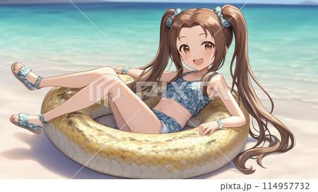 南国の海で蛇浮き輪に乗る少女