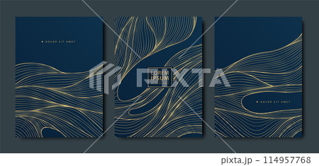 Vector set of wave background patterns, line Japanese design, abstract sea texture. Golden on dark illustration. Asian posters, vintage oriental covers 114957768