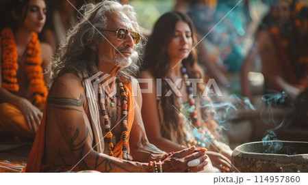 A medium performs a ritual to reunite a separated couple for the harmony of souls A medium performs a ritual to reunite a separated couple for the harmony of souls 114957860