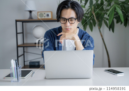 男性　パソコン　リモートワーク　テレワーク　オンライン学習　自宅 114958191