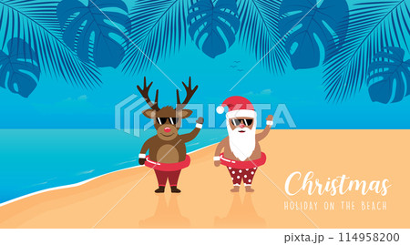 cute santa and deer with sunglasses on paradise beach summer christmas holiday vector illustration 114958200