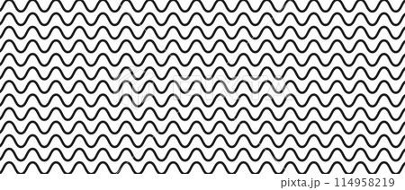 Horizontal parallel wavy lines. Black and white undulate stripes pattern. River, sea or ocean surface. Wiggly texture. Minimalistic graphic print. Vector illustration Horizontal parallel wavy lines. Black and white undulate stripes pattern. River, sea or ocean surface. Wiggly texture. Minimalistic graphic print. Vector illustration 114958219