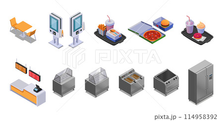 Fast food restaurant elements in isometric view 114958392