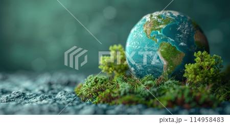Planet Earth with green trees and moss growing on rocky surface against blurred background. Concept of global ecology, climate change, environmental protection, and sustainability Planet Earth with green trees and moss growing on rocky surface against blurred background. Concept of global ecology, climate change, environmental protection, and sustainability 114958483
