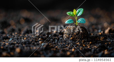 Young green plant sprouting from fertile soil, symbolizing new life and growth. Concept of nature, renewal, and environmental sustainability. 114958561