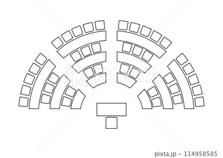 Auditorium seatings plan top view, semicircle arrangment. Schema of seats in classroom, lectorium or meeting, conference, training or seminar event. Desks and chairs icons. Vector illustration 114958585