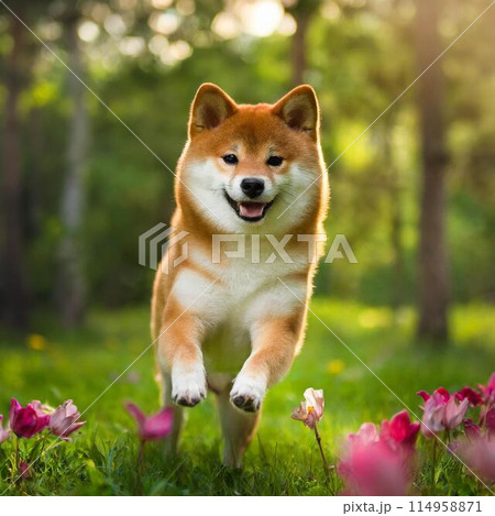 走ってくる柴犬と綺麗な花 114958871