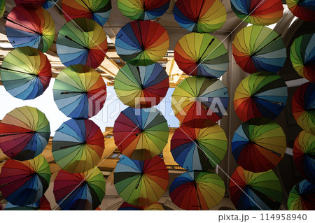 Multicolored umbrellas ceiling in Bucharest, Romania 114958940