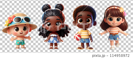 Cute 3D Cartoon Style Happy Children Dressed in Summer Clothes 114958972