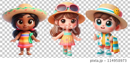 Cute 3D Cartoon Style Happy Children Dressed in Summer Clothes 114958973