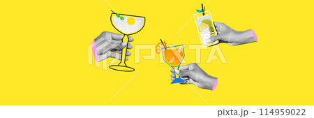 Set of monochrome hands holding colorful cocktails against bright yellow background, Banner. Creative colorful design. 114959022