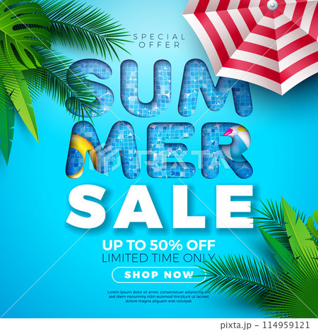 Summer Sale Poster Design Template with Exotic Palm Leaves and Beach Holiday Elements on Pool Background. Tropical Floral Vector Illustration with Special Offer Typography for Coupon, Voucher, Banner 114959121
