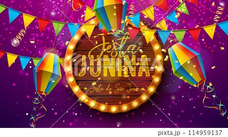 Festa Junina Illustration with Party Flags, Paper Lantern and Light Bulb Billboard Letter with Wood Background. Vector Brazil Sao Joao June Festival Design for Greeting Card, Banner or Holiday Poster. 114959137