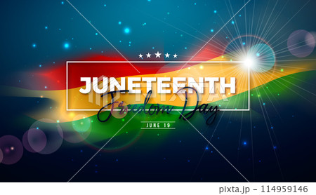 Juneteenth Freedom Day Design. African American June 19 Independence Day. Annual American Emancipation Holiday Vector Illustration with Typography Lettering and Flag on Blue Background for Banner 114959146