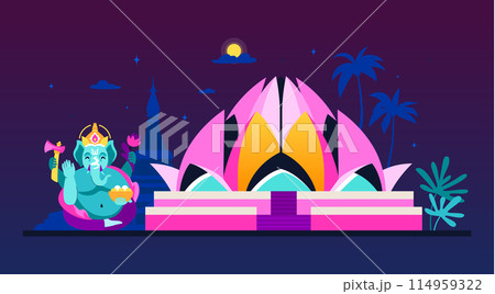 Lotus Temple and Ganesha - modern colored vector illustration Lotus Temple and Ganesha - modern colored vector illustration 114959322