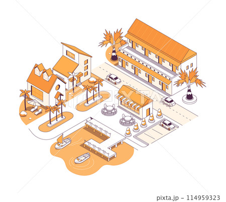 Resort street with hotels - vector isometric illustration 114959323