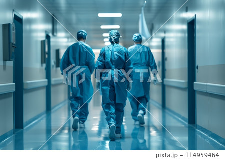 Surgical team walking in hospital corridor, medical professionals in scrubs, healthcare workers, emergency preparedness 114959464