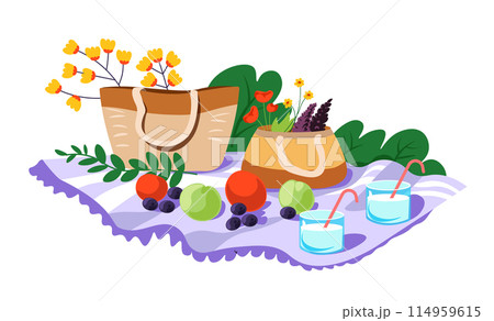 a Basket And Food On Blanket a Basket And Food On Blanket 114959615