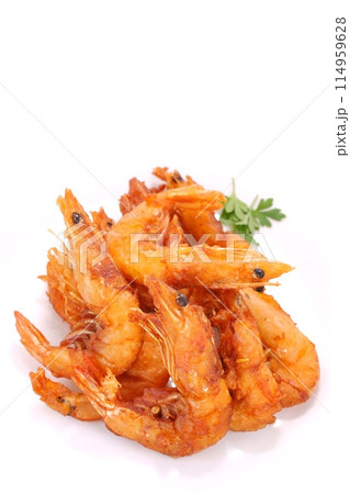 殻付き海老の唐揚げ　つまみ　明るい背景 114959628