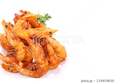 殻付き海老の唐揚げ　つまみ　明るい背景 114959630