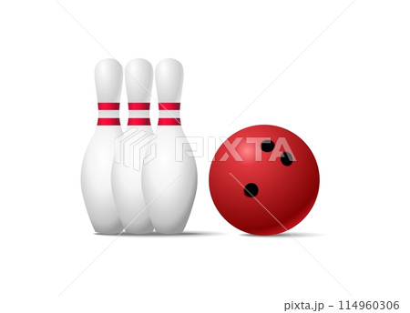 Bowling ball game with three pins. Illustration of bowling on white background. stock illustration 114960306