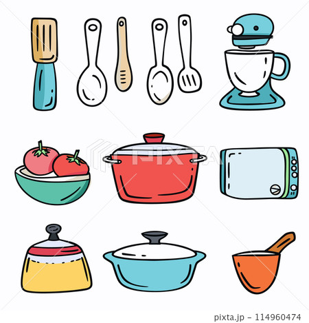 Kitchen utensils appliances doodle, colorful cartoon. Cooking baking tools, handdrawn vector kitchenware set. Microwave, coffee maker, pots, spoons, tomatoes bowl illustration isolated 114960474