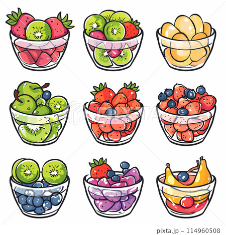 Set colorful fruit bowls vector illustrations featuring various fruits such strawberries, kiwis, bananas, apples, blueberries. Nine glass bowls filled vibrant, juicy fruits, perfect food graphics 114960508