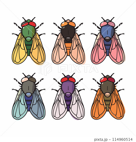 Six stylish flies wearing sunglasses various colors. Cartoon flies cool demeanor, different poses, various wing colors, dressed fashion accessories, displayed against plain background Six stylish flies wearing sunglasses various colors. Cartoon flies cool demeanor, different poses, various wing colors, dressed fashion accessories, displayed against plain background 114960514