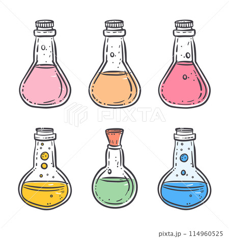 Six colorful potion bottles, handdrawn chemistry flasks doodled illustration. Magic potions set, cartoon laboratory vials pink, orange, yellow, green, blue liquids. Science experiment, alchemy 114960525