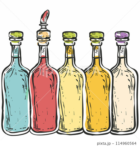 Five colorful bottles lined up, sealed corks, one bottle uncorked. Handdrawn style vector illustration bottles beverages, alcohol, decorative purposes. Vibrant hues blue, red, yellow, beige coloring Five colorful bottles lined up, sealed corks, one bottle uncorked. Handdrawn style vector illustration bottles beverages, alcohol, decorative purposes. Vibrant hues blue, red, yellow, beige coloring 114960564
