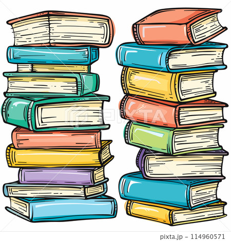 Two stacks colorful books leaning against other. Handdrawn style, vibrant primary secondary colors. Perfect educational themes, book lovers, reading materials 114960571