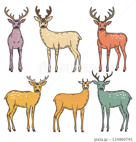 Set six stylized deer illustrations featuring various colors patterns. Deer portrayed natural stance presenting diverse coats. Cartoon designs suitable childrens book, wildlife theme 114960745