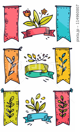 Handdrawn banners plants leaves flowers doodle design elements colorful sketch. Vintage ribbon banners foliage botanical motifs illustration isolated white background. Creative floral sketches Handdrawn banners plants leaves flowers doodle design elements colorful sketch. Vintage ribbon banners foliage botanical motifs illustration isolated white background. Creative floral sketches 114960807