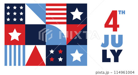 Happy Independence day, 4th July holiday. Modern geometric greeting card, invitation. Abstract design. Stars, stripes, USA flag colors. Vector illustration background, web banner. Memorial, labor day. Happy Independence day, 4th July holiday. Modern geometric greeting card, invitation. Abstract design. Stars, stripes, USA flag colors. Vector illustration background, web banner. Memorial, labor day. 114961004