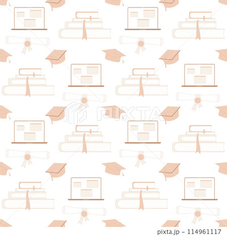 Seamless pattern with graduation caps, diplomas, and book stacks representing education and achievement. Soft pastel orange and white education repeat background. Vector hand drawn flat illustration. Seamless pattern with graduation caps, diplomas, and book stacks representing education and achievement. Soft pastel orange and white education repeat background. Vector hand drawn flat illustration. 114961117