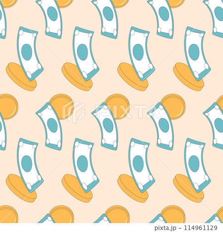 Economic expanse showcasing seamless pattern with varied coins and notes. Wealth and finance themes. Vector flat illustration. 114961129