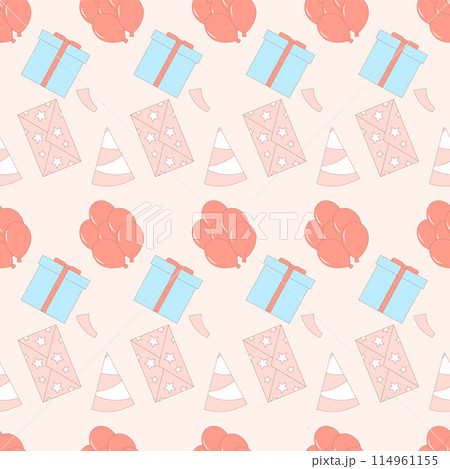 Birthday hat, balloons seamless pattern. Anniversary celebration endless background. Holiday repeat cover. Gifts and presents loop ornament tile. Vector hand drawn illustration. Birthday hat, balloons seamless pattern. Anniversary celebration endless background. Holiday repeat cover. Gifts and presents loop ornament tile. Vector hand drawn illustration. 114961155